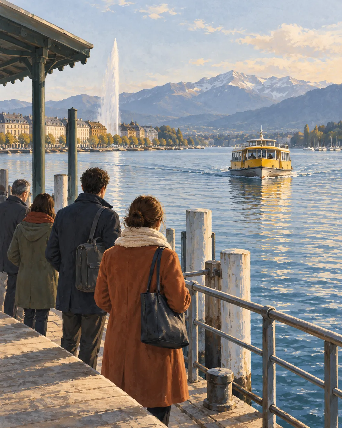 Commuters wait at a landing stage beside Lake Geneva.
