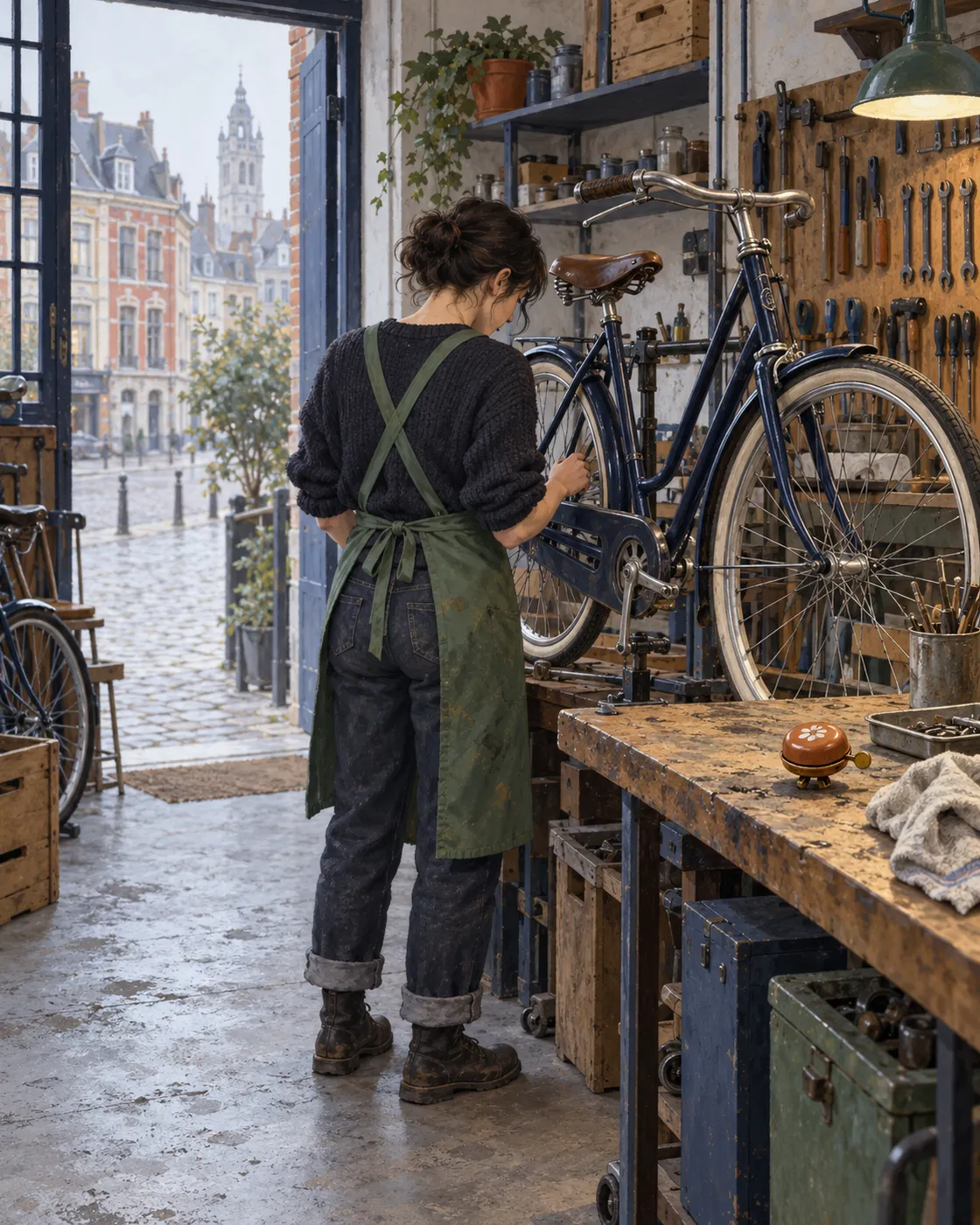 A mechanic in a green apron beside a navy bicycle and an orange bell in a Lille workshop.
