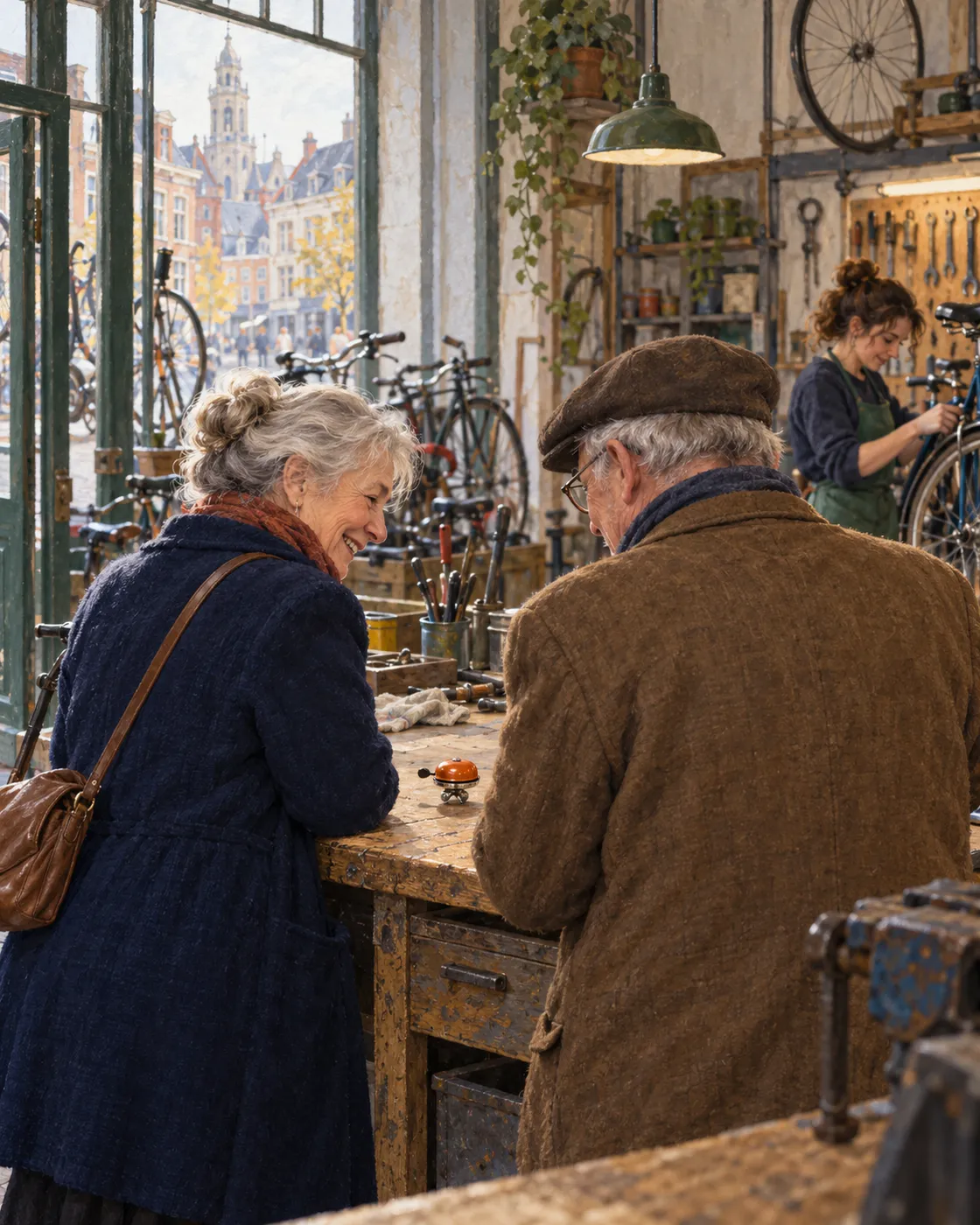 An older couple at a bicycle workshop counter, with an orange bicycle bell between them.