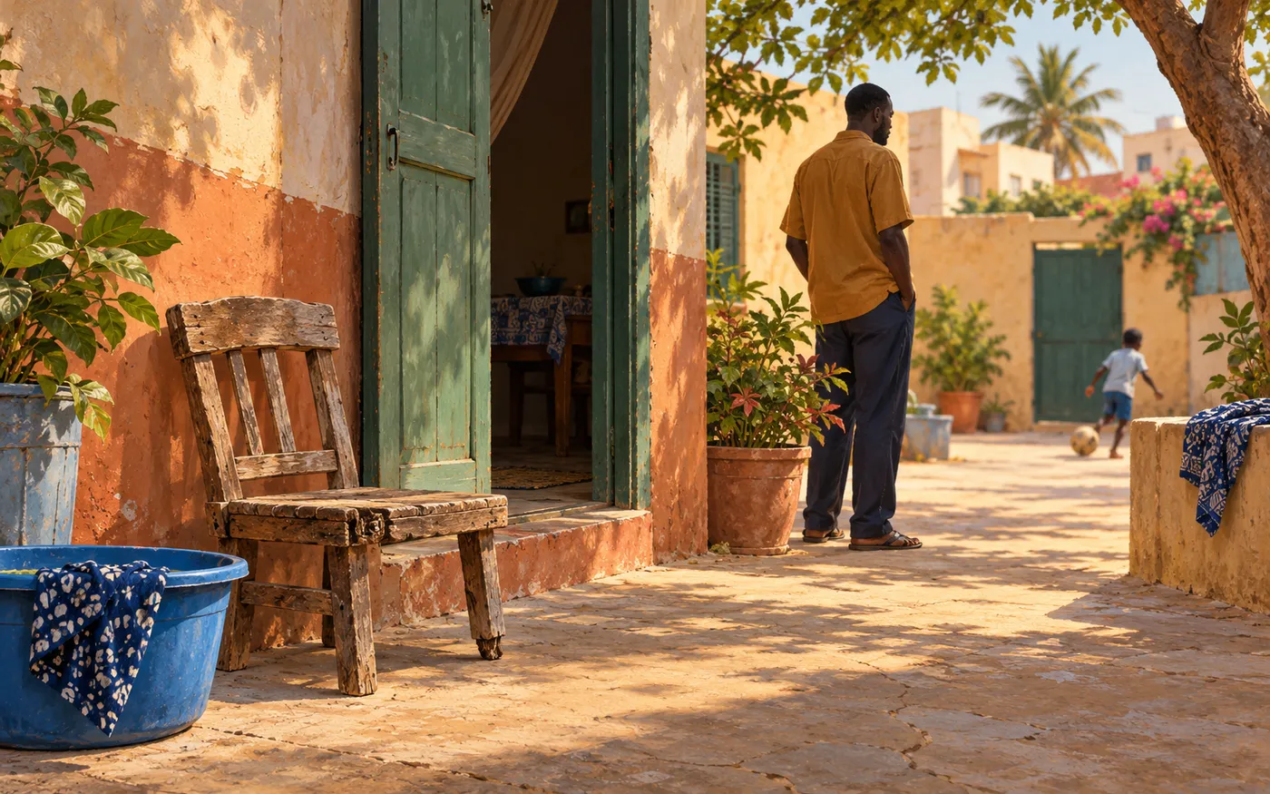 An empty wooden chair beside a doorway in a family courtyard in Dakar.