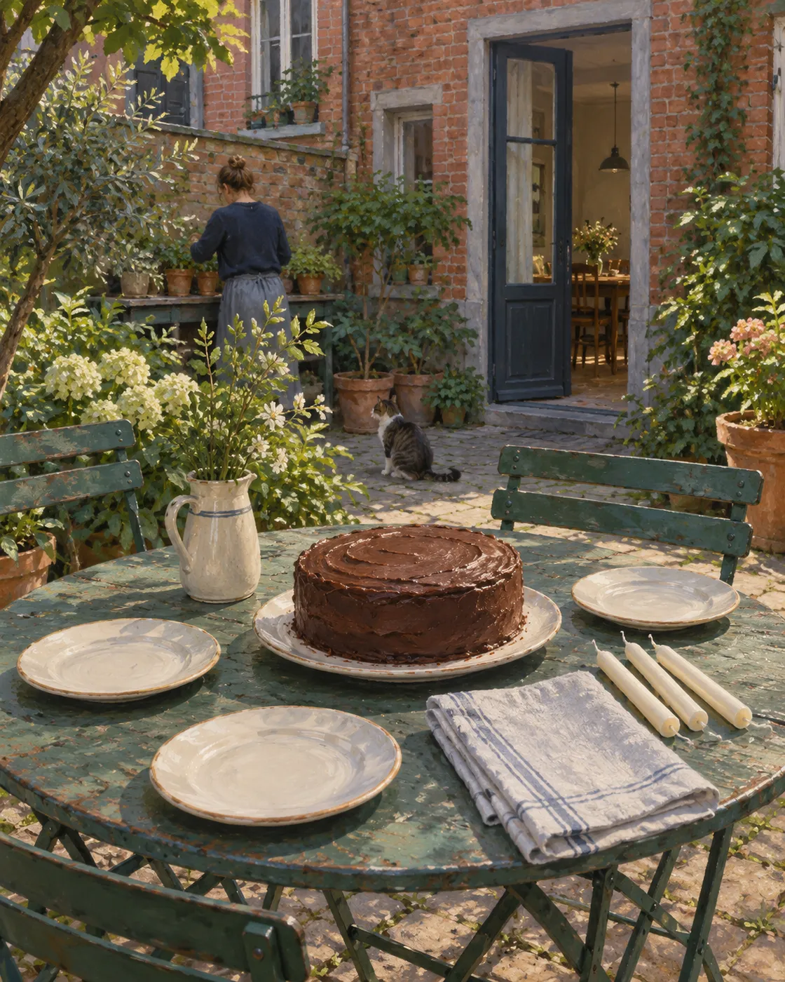 A chocolate cake and three empty plates on a small garden table in Liège.