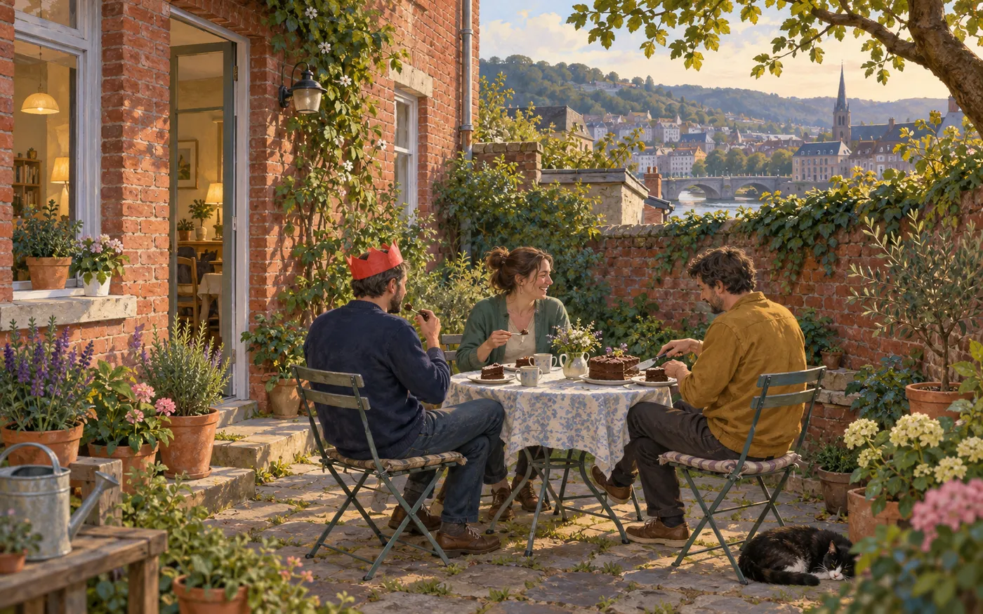 Three adult neighbours share chocolate cake in a small Belgian back garden.