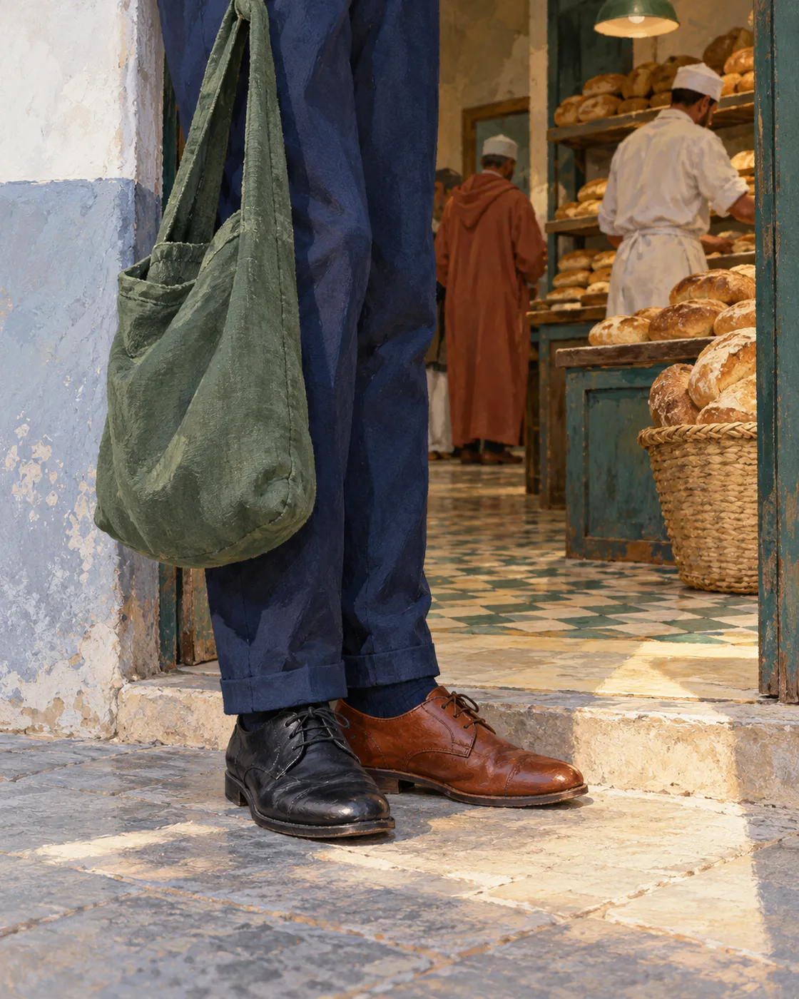 A young job applicant's black and brown shoes outside a Casablanca bakery.