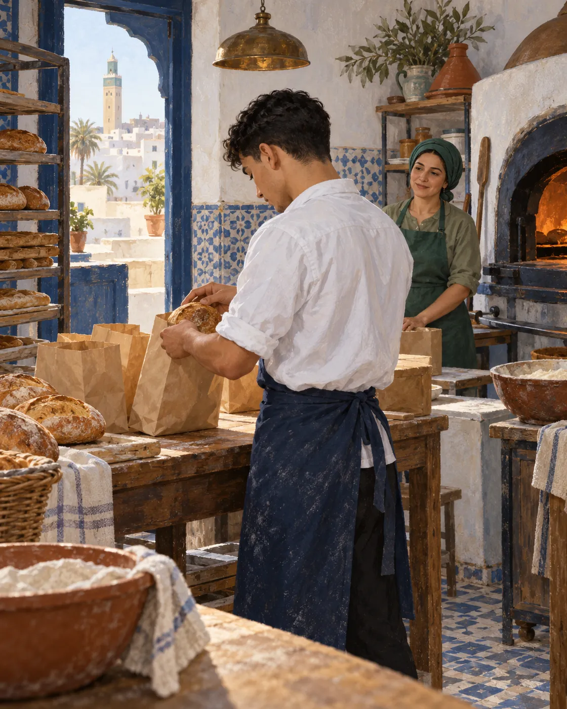 A young man in a white shirt sorts fresh bread into plain paper bags in a bakery kitchen.