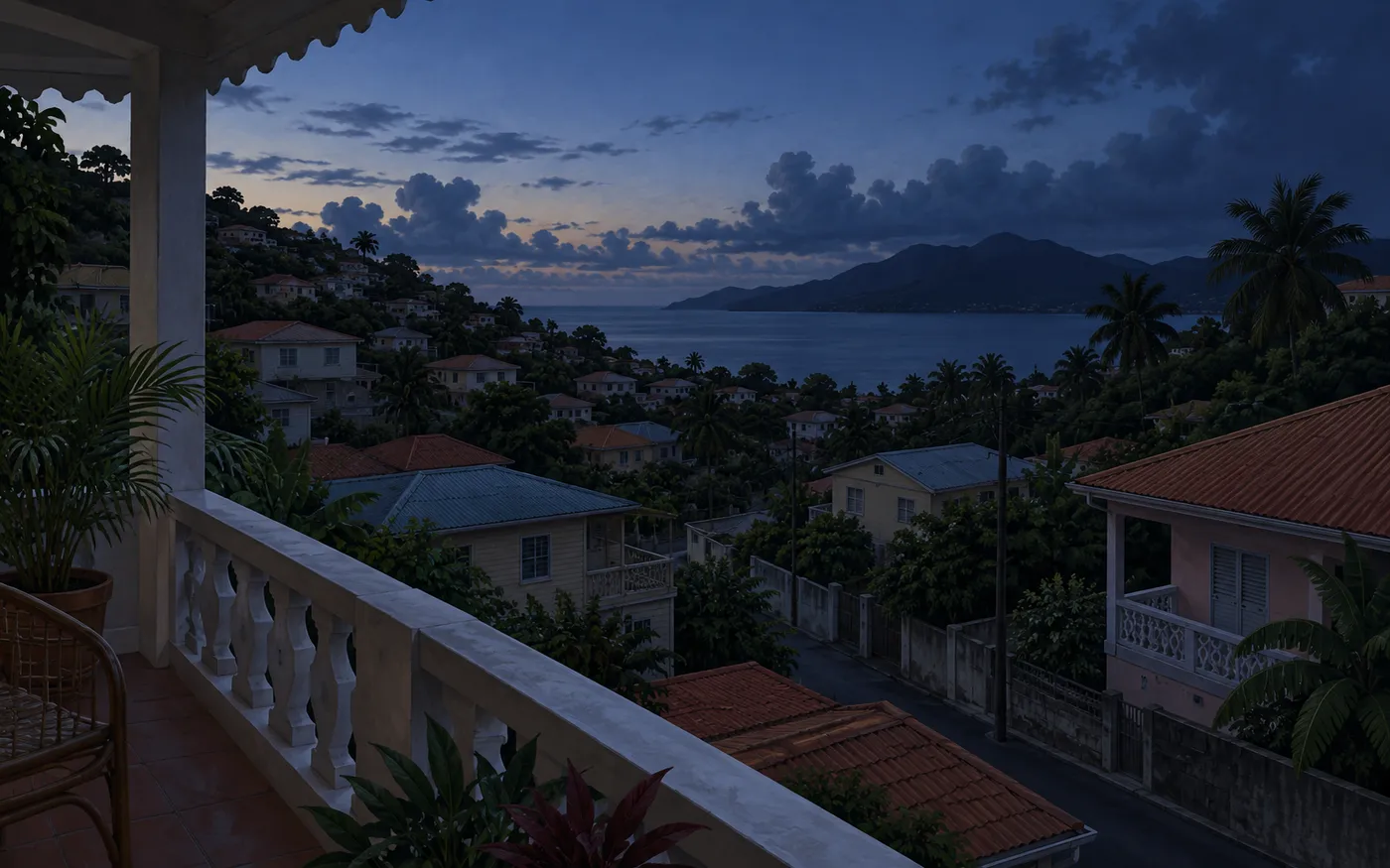 An unlit hillside street and dark balconies in Fort-de-France at dusk.