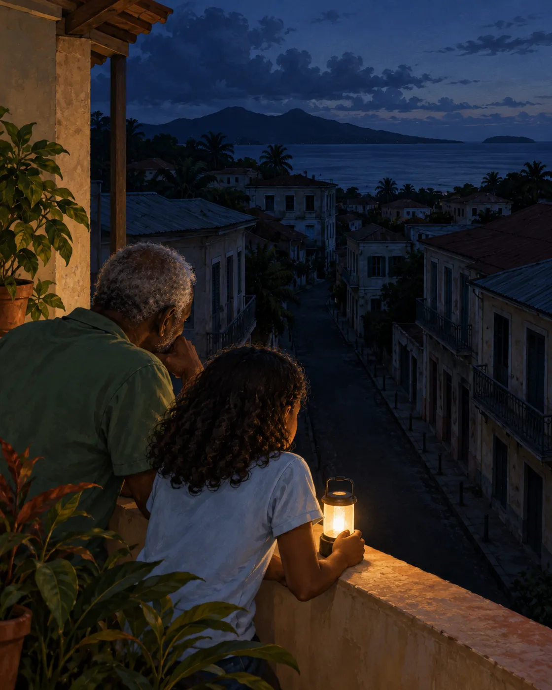 A girl and her grandfather on a Martinique balcony with a small glowing battery lamp.