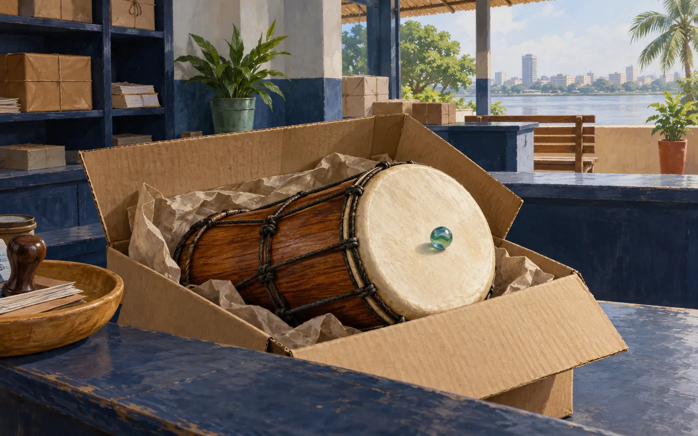 An open parcel reveals a wooden hand drum with a small marble resting on its skin.