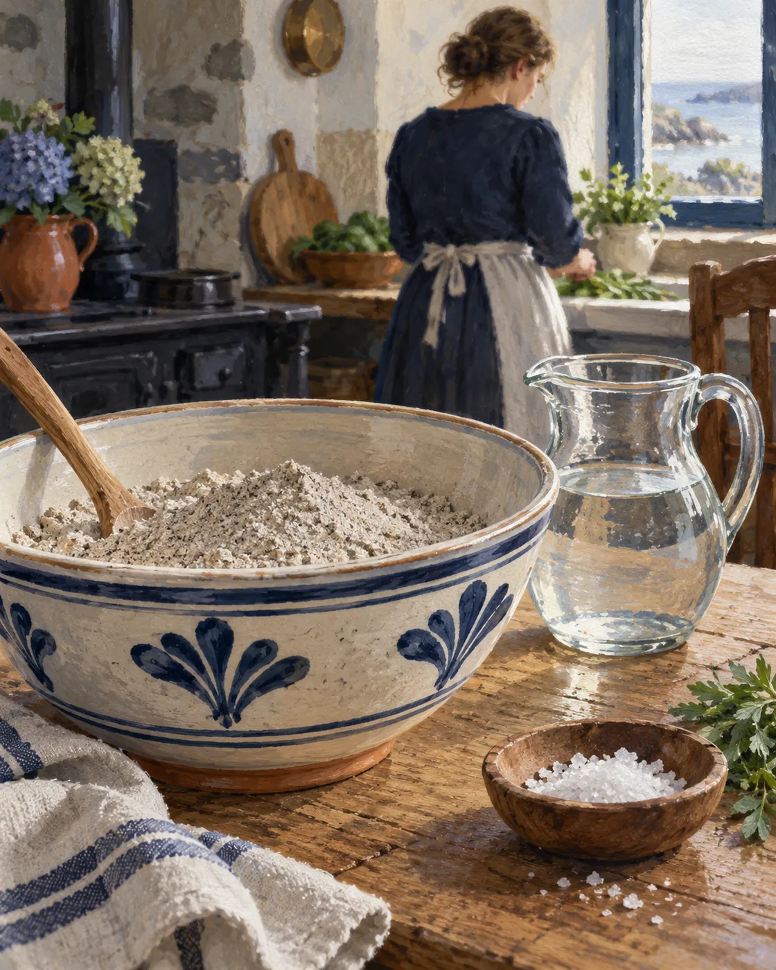 Buckwheat flour, a jug of water and a small bowl of salt on a Breton kitchen table.