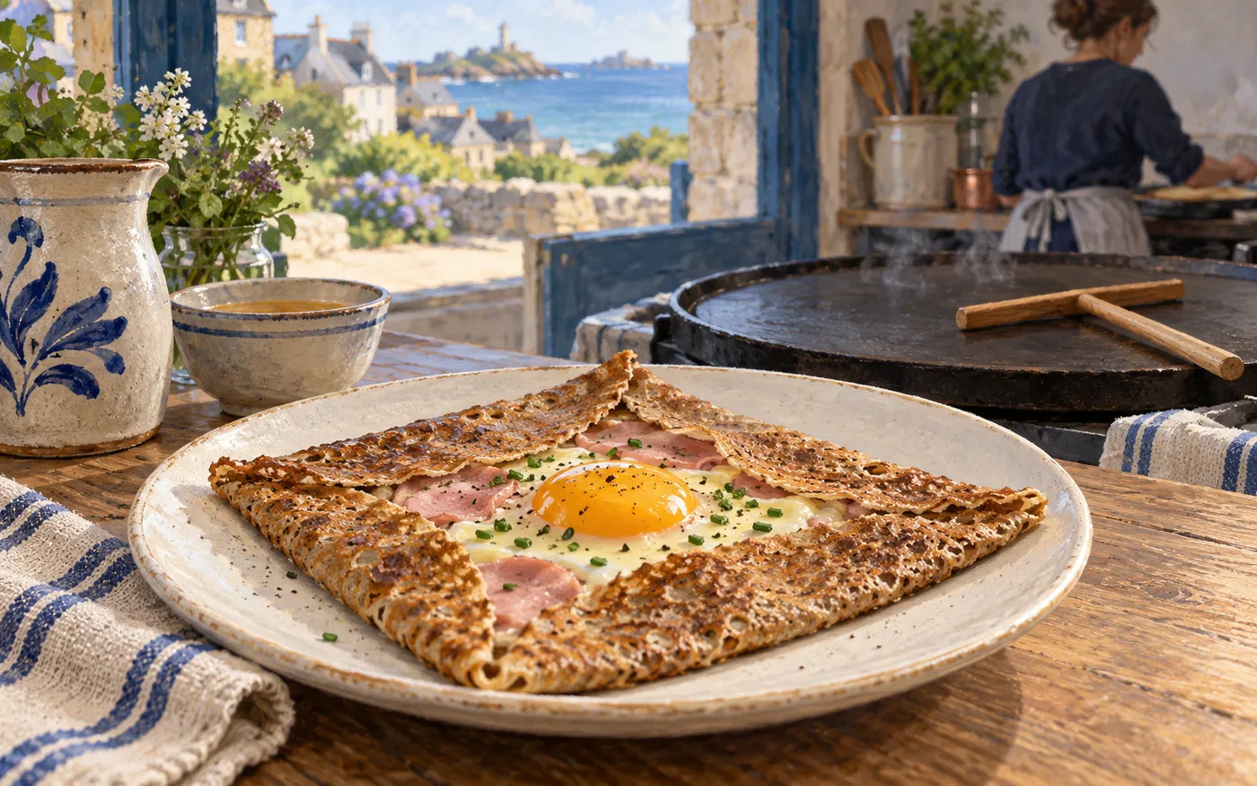 A buckwheat galette folded into a square around an egg, ham and melted cheese.