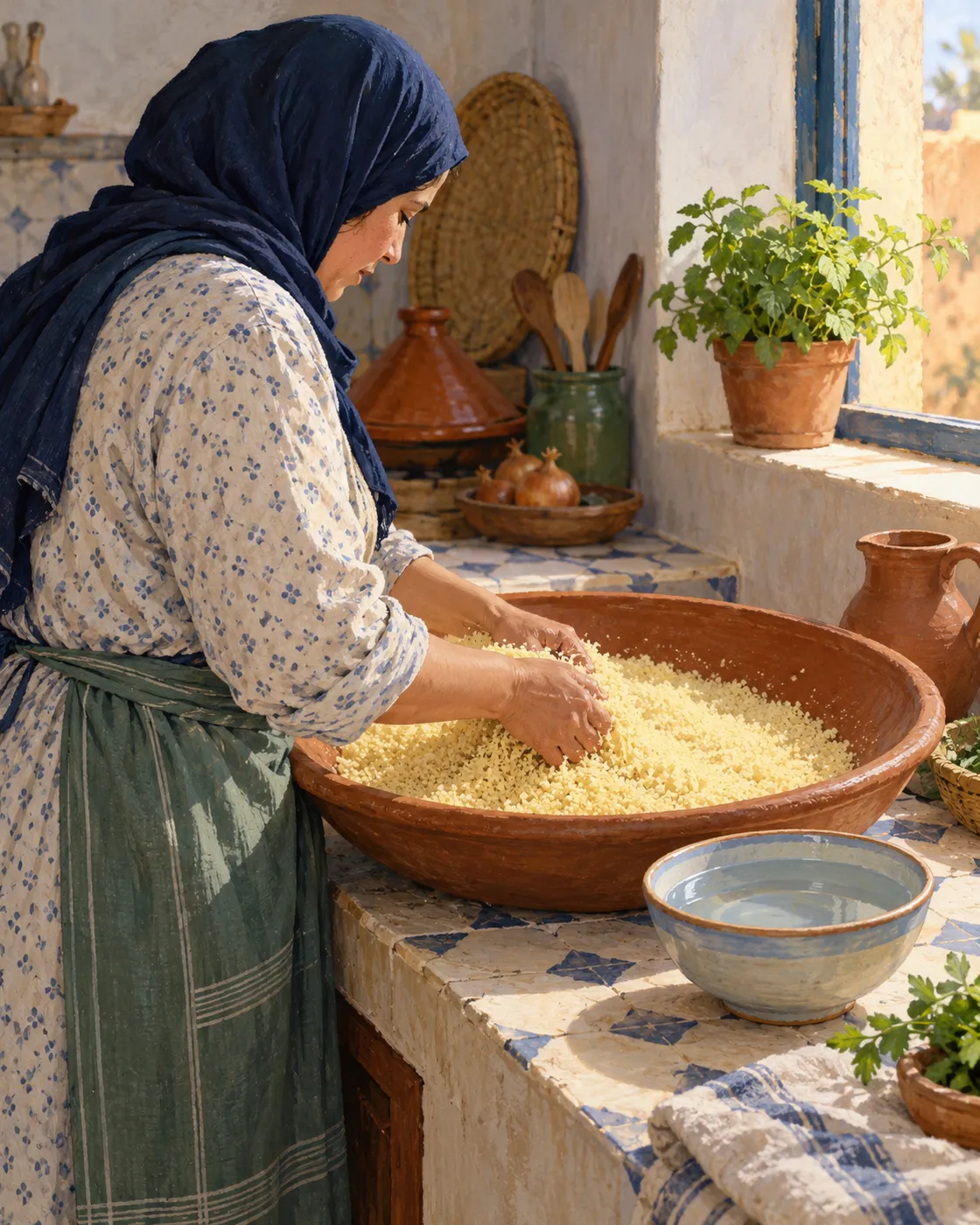Couscous grains being rolled in a wide shallow bowl in a Moroccan kitchen.