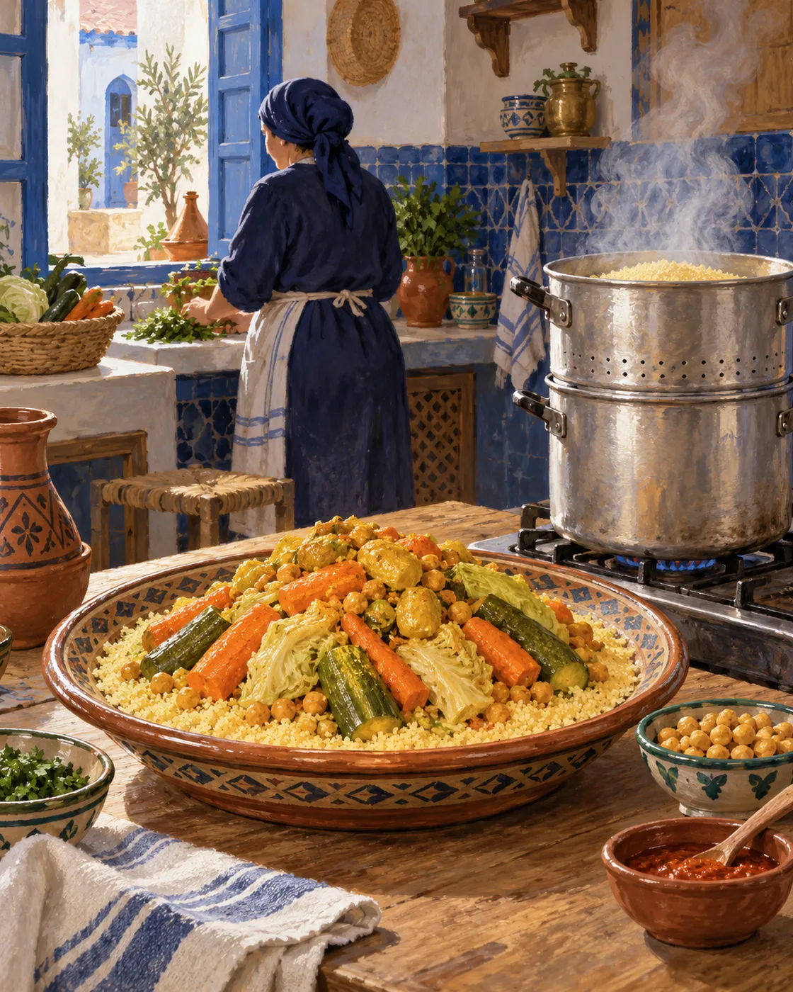 A shared dish of couscous with vegetables beside a two-part metal steamer.