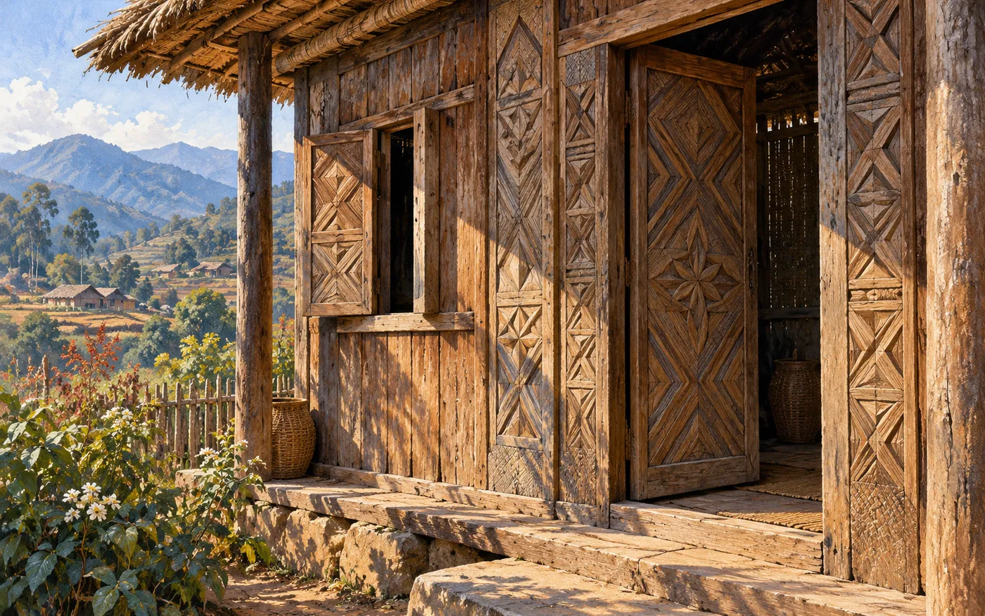 Geometric carving on the wooden door and window of a Zafimaniry house in Madagascar.