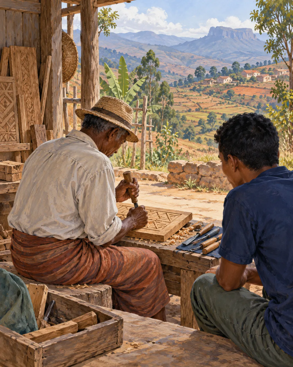 A young learner watches an older woodworker carve a small wooden panel in Madagascar.