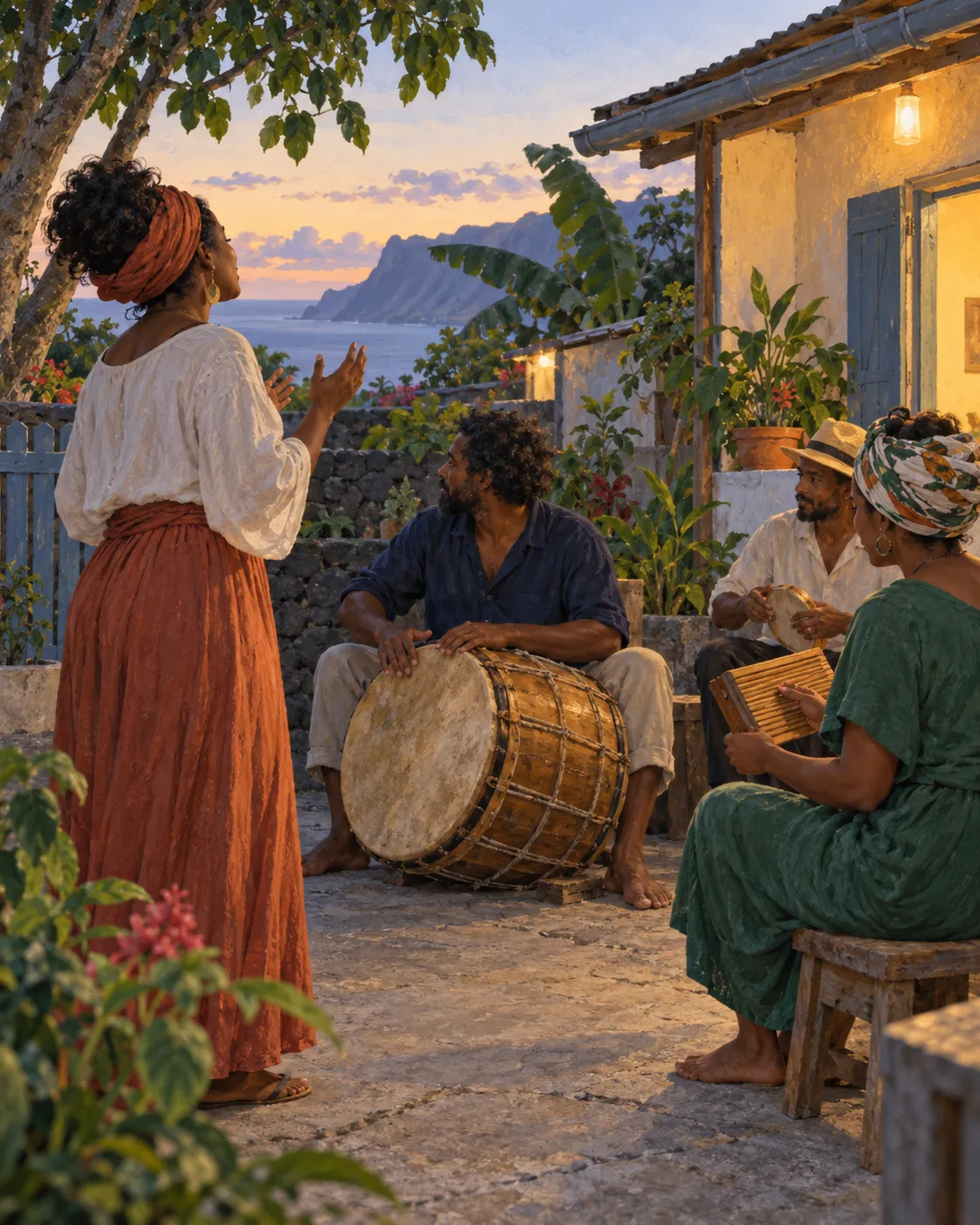 A small maloya group sings with percussion in a courtyard on Réunion.