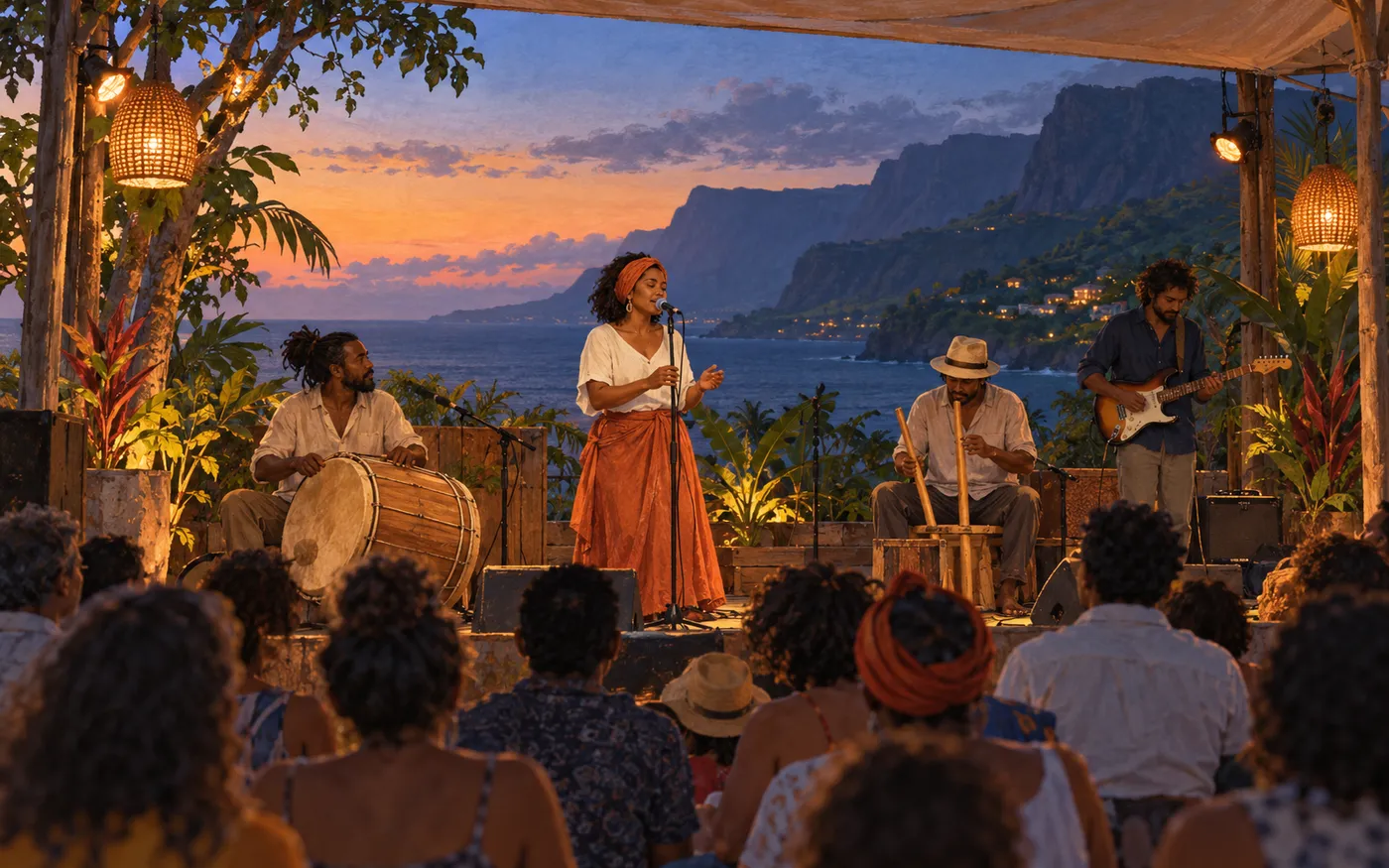 A contemporary maloya group performs with percussion and electric instruments on a small stage.